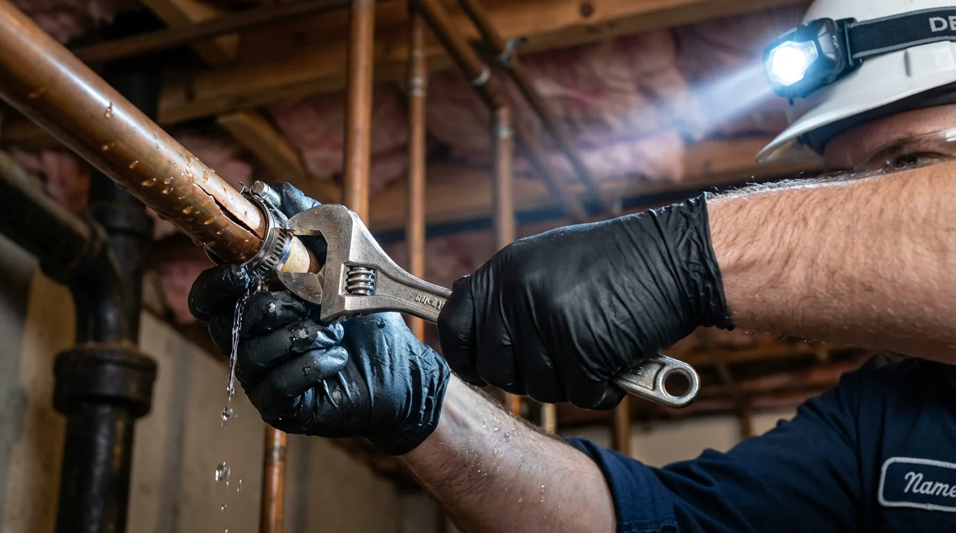 Emergency pipe clamp repair being performed by a Johns Plumbing LLC plumber in Griffith