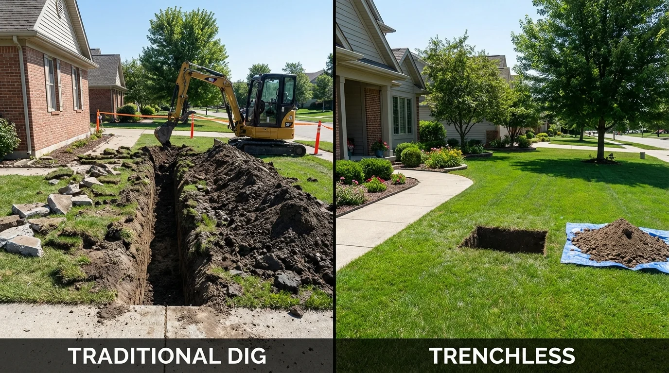 Trenchless sewer repair with minimal yard damage versus traditional excavation in Griffith, IN