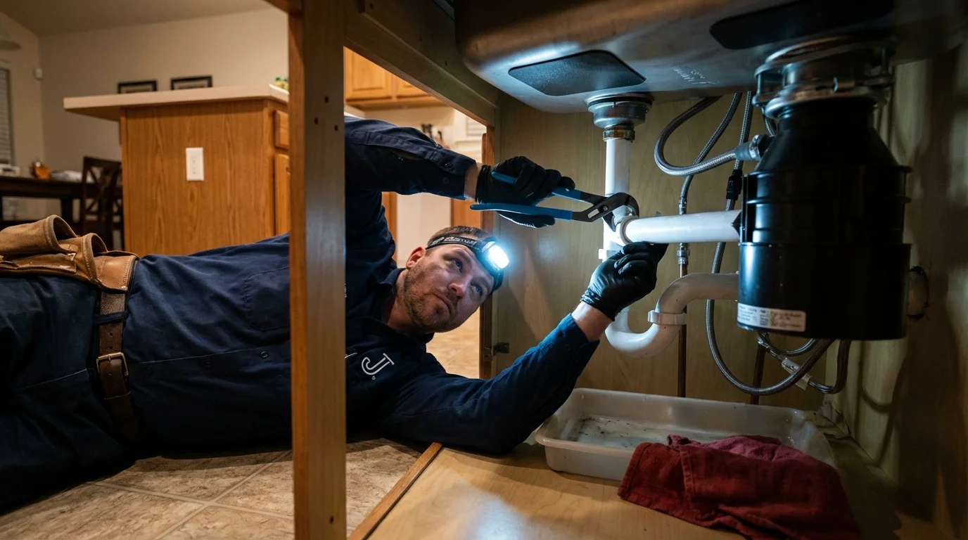 P-trap and supply line connections under a kitchen sink showing a common leak point in Griffith, IN